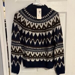 Geometric Pattern Sweater - Navy, Brown, and White